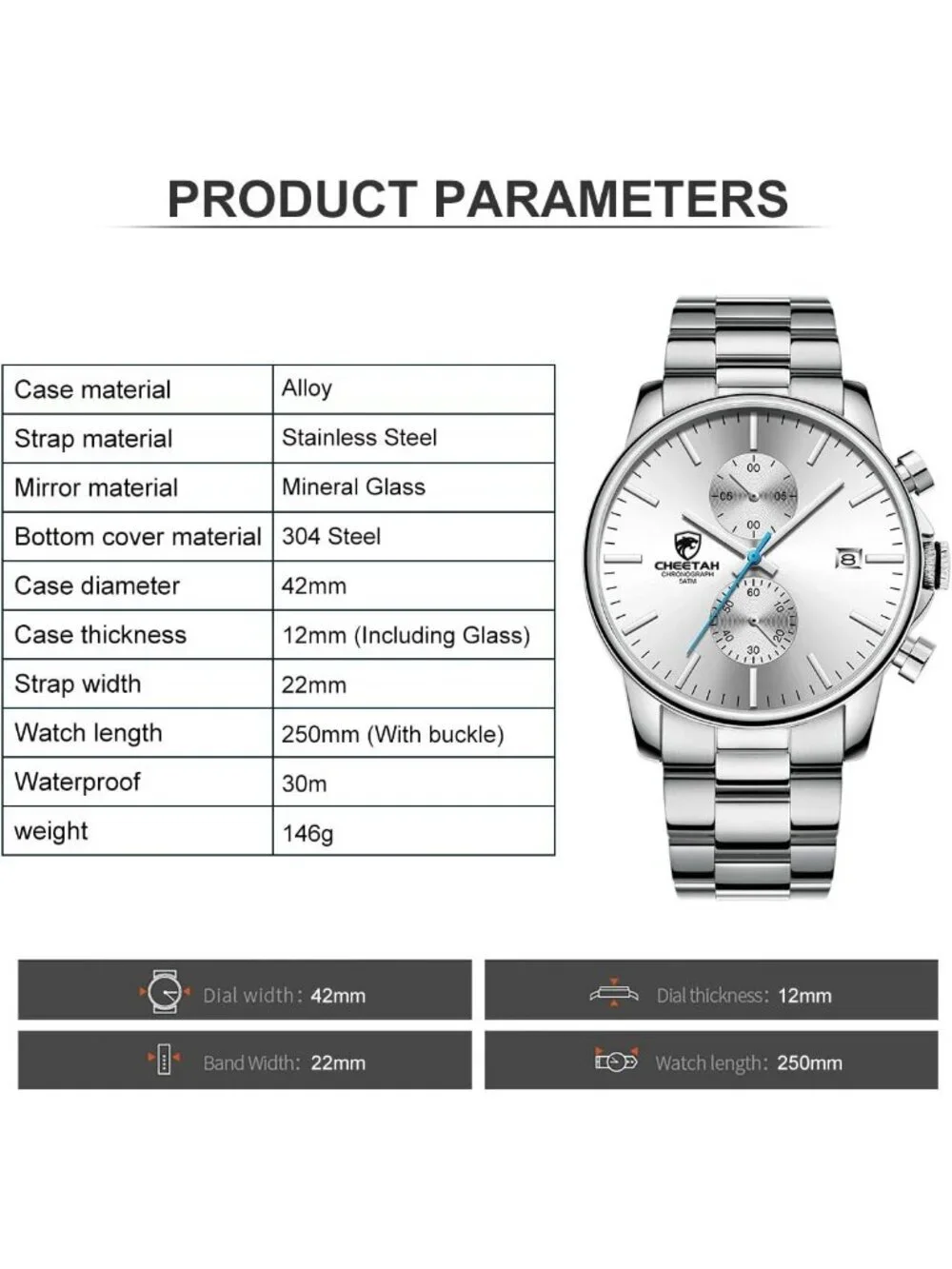 Men's Silver Classic Stainless Steel Waterproof Chronograph Quartz Round Watch